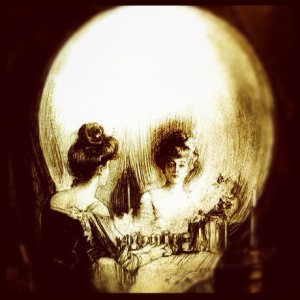 Victorian woman in front of a mirror/skull