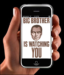 Cell phone screen that says Big Brother is watching you
