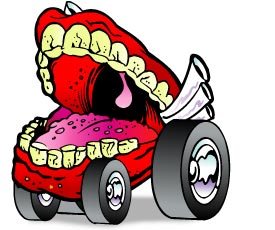 cartoon drawing of a disembodied mouth on four wheels