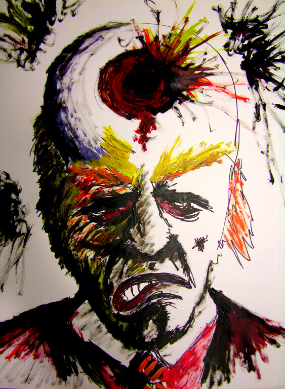 Image drawn with Sharpie of man in suit with the top of head exploding