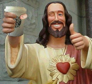 Jesus holding a Starbucks cup