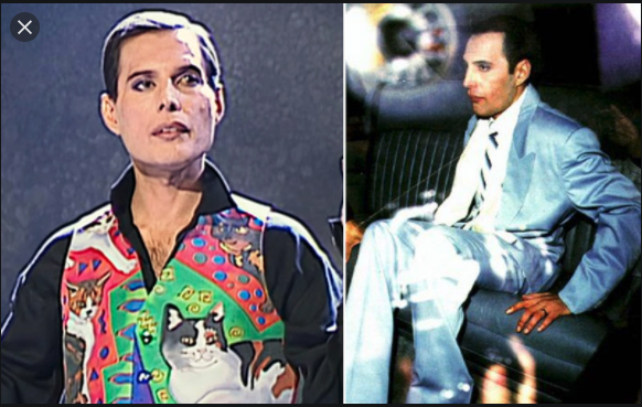 Two images of Queen front man Freddie Mercury: one with his cat and one of him in a blue suit