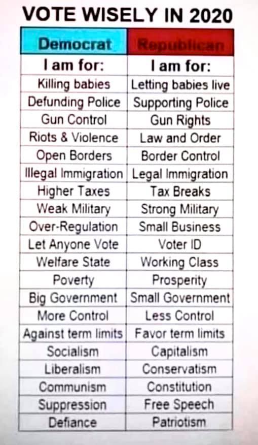 Table with the title, Vote Wisely in 2020. The left column lists 20 items Democrats are supposed to be for, many of them false or exaggerated. The right column lists 20 items Republicans are supposed to be for, many of them false or exaggerated. 